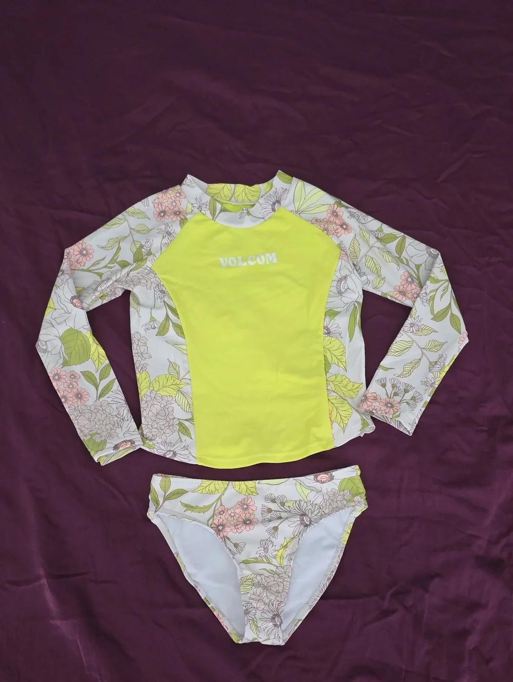 Volcom Neon Yellow and Floral Girls' Long Sleeve Rashguard Set